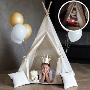 Namiot TIPI domek (teepee) Zestaw 6 elementowy dla dzieci z poduszkami, stabilizatorem i lampką - Beżowy