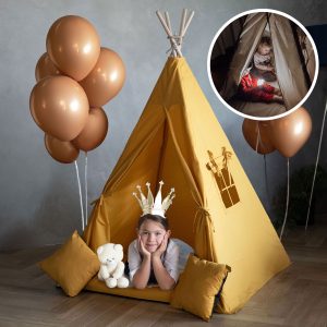 Namiot TIPI domek (teepee) Zestaw 6 elementowy dla dzieci z poduszkami, stabilizatorem i lampką - Karmel