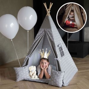 Namiot TIPI domek (teepee) Zestaw 6 elementowy dla dzieci z poduszkami, stabilizatorem i lampką - Gwiazdy