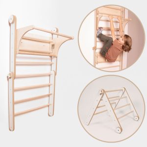 2w1 Drabinka gimnastyczna 120 cm do ćwiczeń z regulowanym drążkiem / Składany Pikler do wspinania M